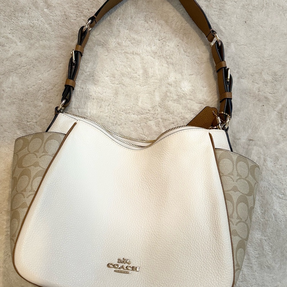 Coach White & Tan Signature Canvas Shoulder Bag
